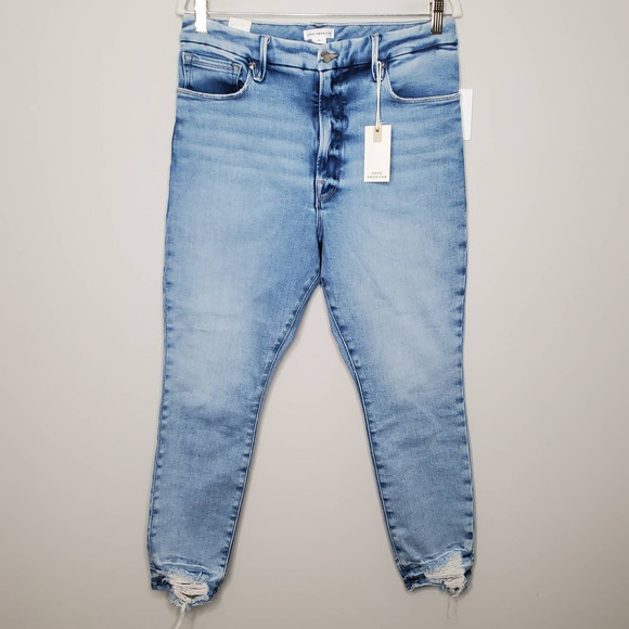 GOOD AMERICAN Light Wash Good Waist Crop Distressed Jeans NWT Sz 15 - Picture 2 of 9